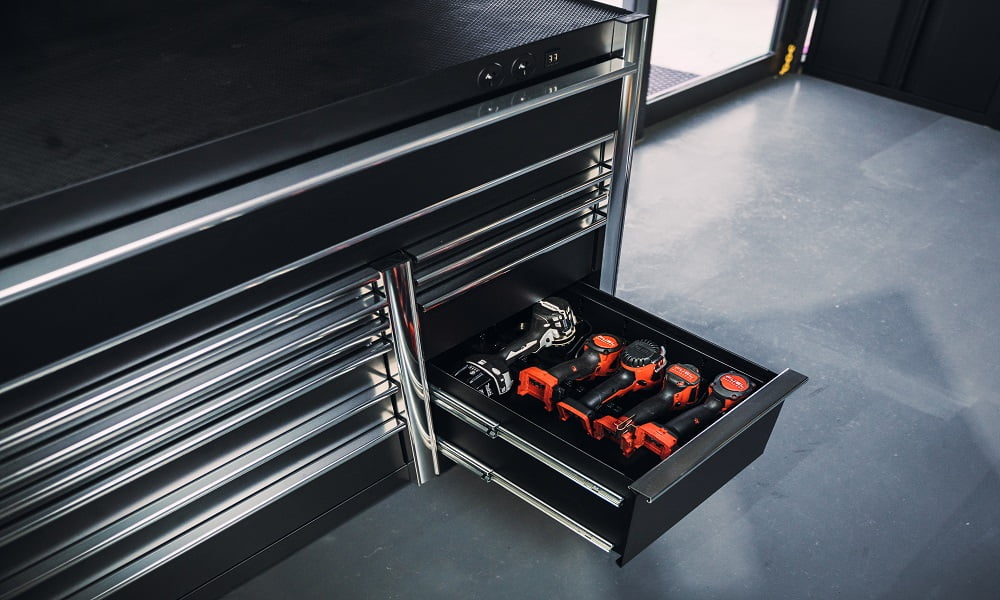 Drills stored in Pinnacle’s Pro Series Tool Chest drawer.