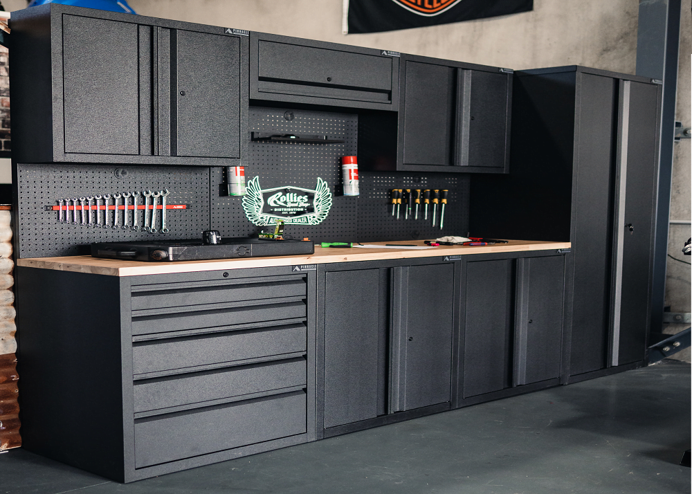 Pinnacle’s modular Pro Series storage stations and cabinets at Iron Heart Garage.