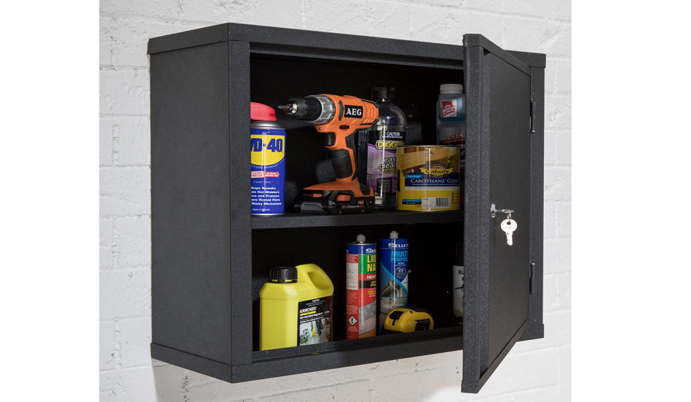A drill, paint bucket, and cleaning supplies locked away in Pinnacle’s wall-mounted single-door cabinet.
